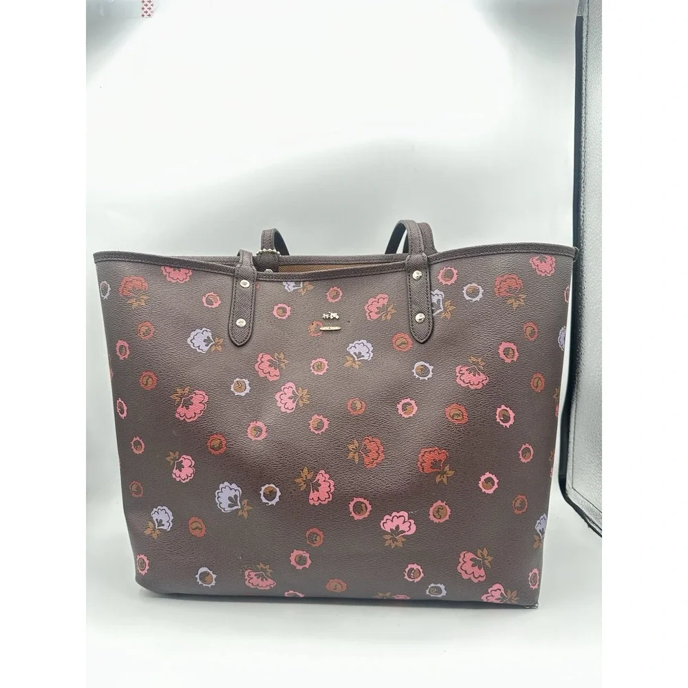 COACH Floral Print Tote Bag Brown Pink Lavender Shoulder Bag w/ Matching Pouch